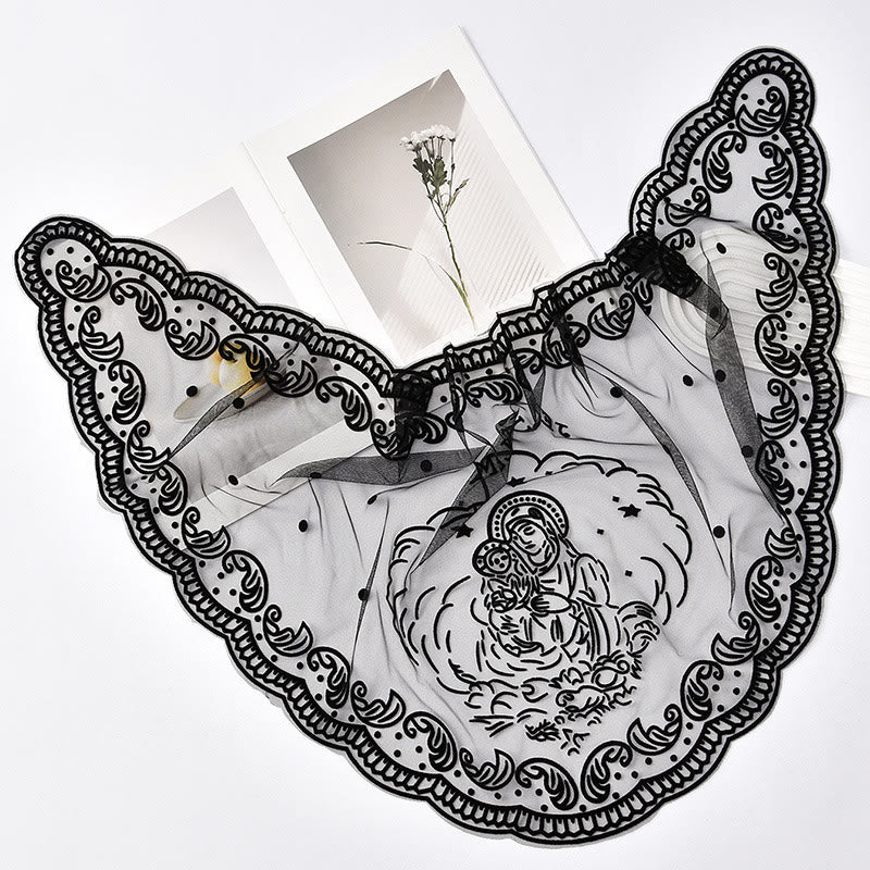 Christianartworkshop Black and White Lace Chapel Veil with Virgin Mary and Jerusalem Embroidery - Black - image 0