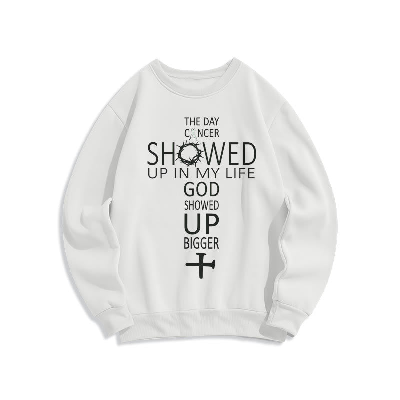 Christianartworkshop Faith - Driven God Showed Up Bigger Cancer Story Fleece Lined Polyester Sweatshirt - White - 2XL - image 2