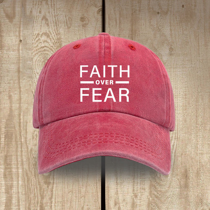 Christianartworkshop Minimalist Bold Statement Faith Over Fear Unisex Distressed Washed Cotton Hat - Red - image 14