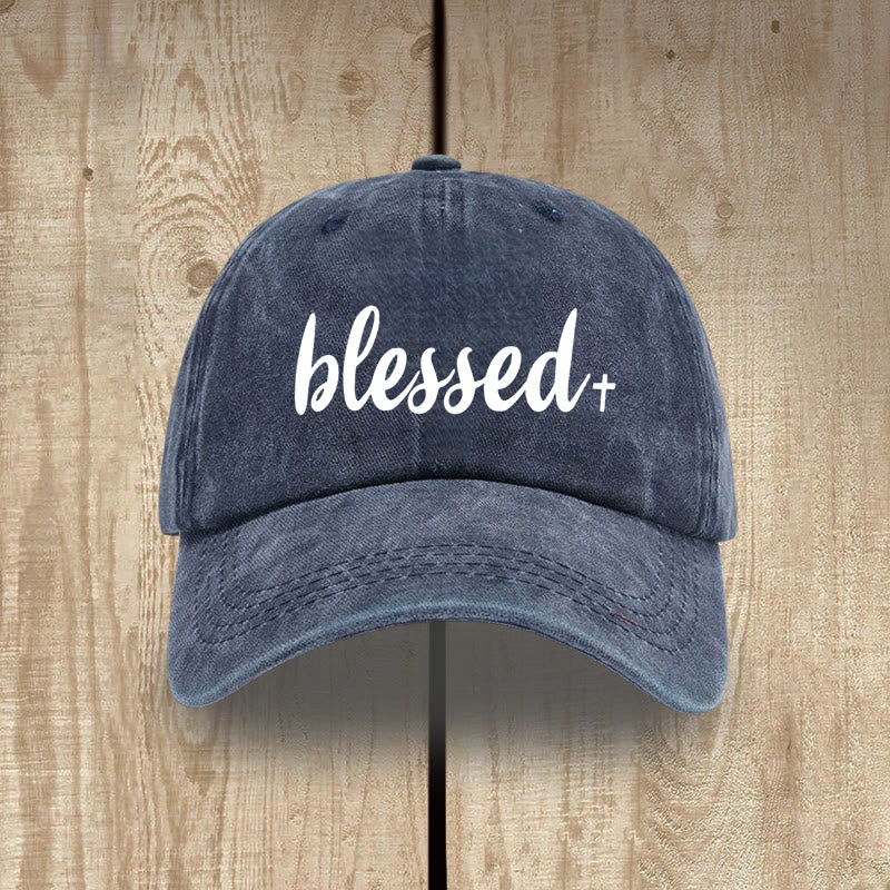 Christianartworkshop Streetwear Style Blessed Unisex Distressed Washed Cotton Hat - Navy Blue - image 9