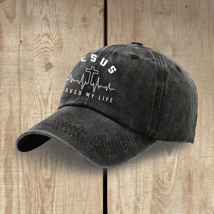 Christianartworkshop Jesus Saved My Life and Heartbeat Graphic Unisex Distressed Washed Cotton Hat - image 3