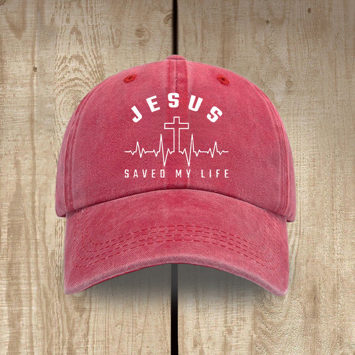 Christianartworkshop Jesus Saved My Life and Heartbeat Graphic Unisex Distressed Washed Cotton Hat - Red - image 0