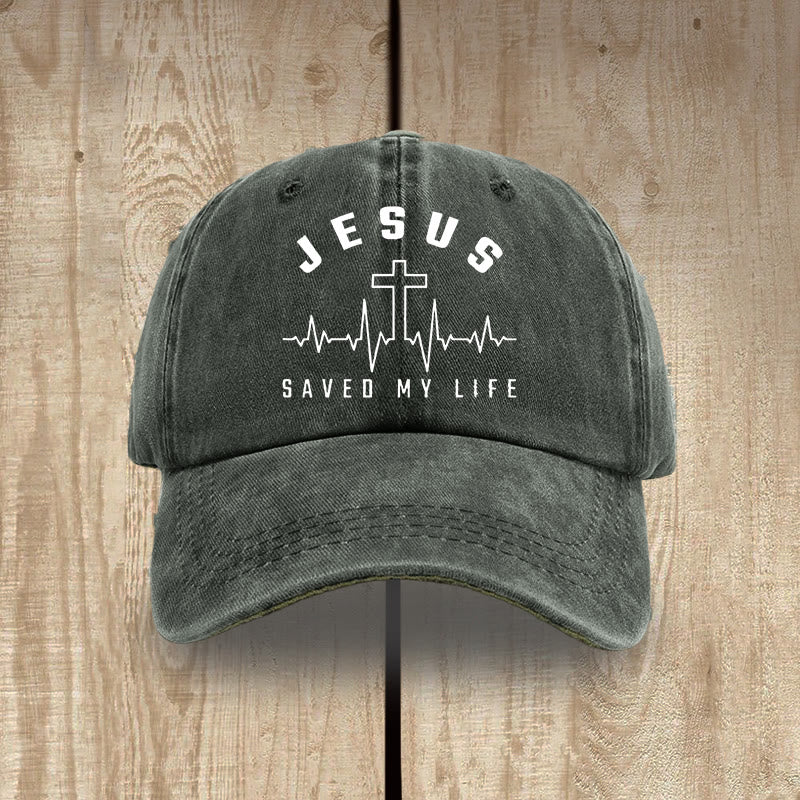 Christianartworkshop Jesus Saved My Life and Heartbeat Graphic Unisex Distressed Washed Cotton Hat - Grey-green - image 7