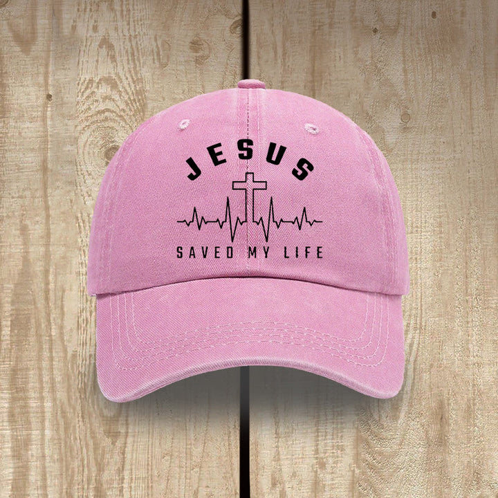 Christianartworkshop Jesus Saved My Life and Heartbeat Graphic Unisex Distressed Washed Cotton Hat - Pink - image 14