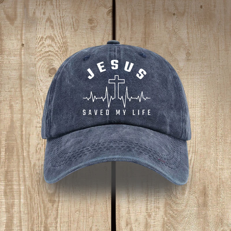 Christianartworkshop Jesus Saved My Life and Heartbeat Graphic Unisex Distressed Washed Cotton Hat - Navy Blue - image 10