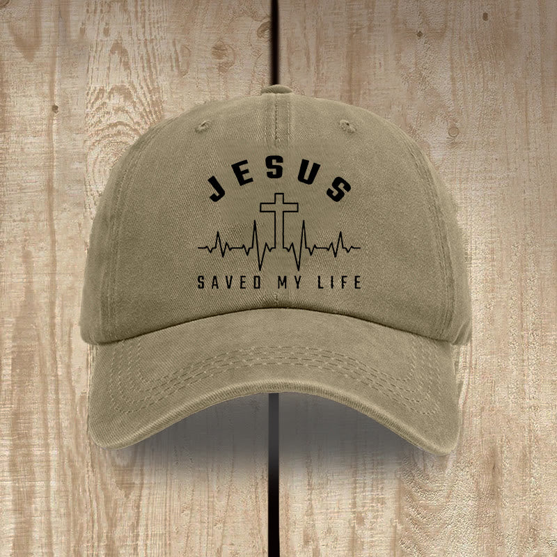 Christianartworkshop Jesus Saved My Life and Heartbeat Graphic Unisex Distressed Washed Cotton Hat - Khaki - image 9