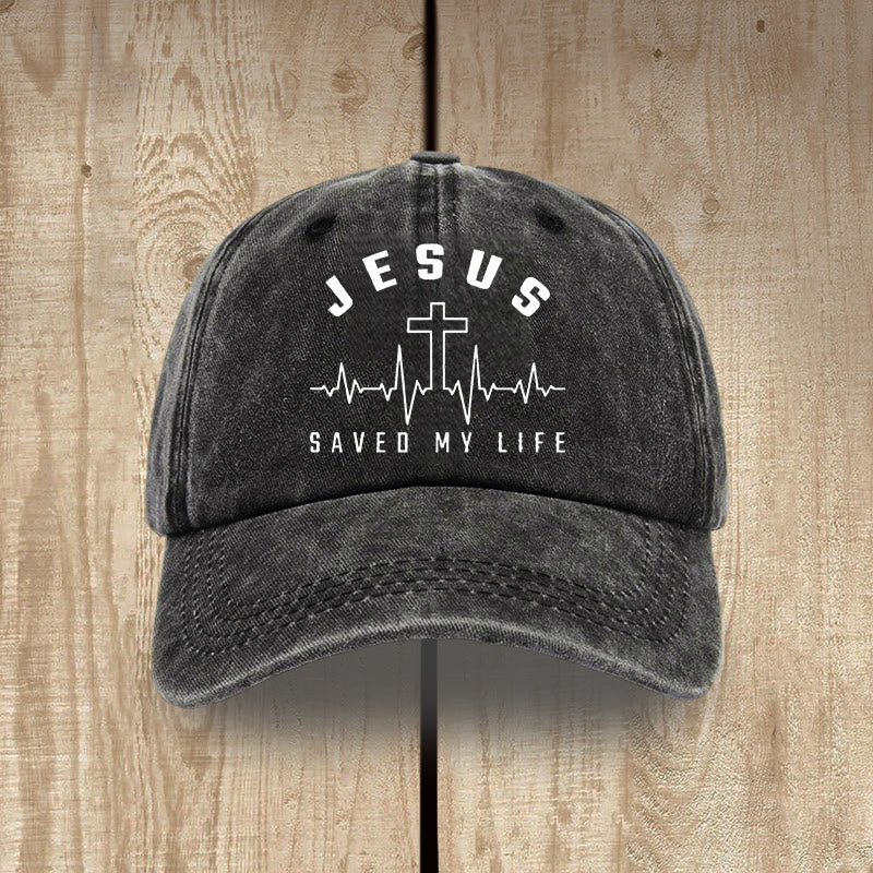 Christianartworkshop Jesus Saved My Life and Heartbeat Graphic Unisex Distressed Washed Cotton Hat - Black - image 2