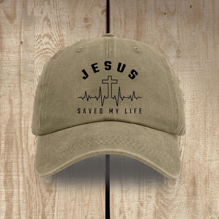 Christianartworkshop Jesus Saved My Life and Heartbeat Graphic Unisex Distressed Washed Cotton Hat - Khaki - image 9