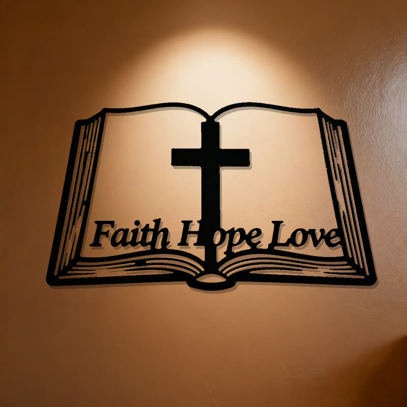 Christianartworkshop Inspirational Cross and Bible-Based Metal Wall Decor: Faith, Hope, Love - Black - 15.75"*9.02"/40*22.9cm - image 0