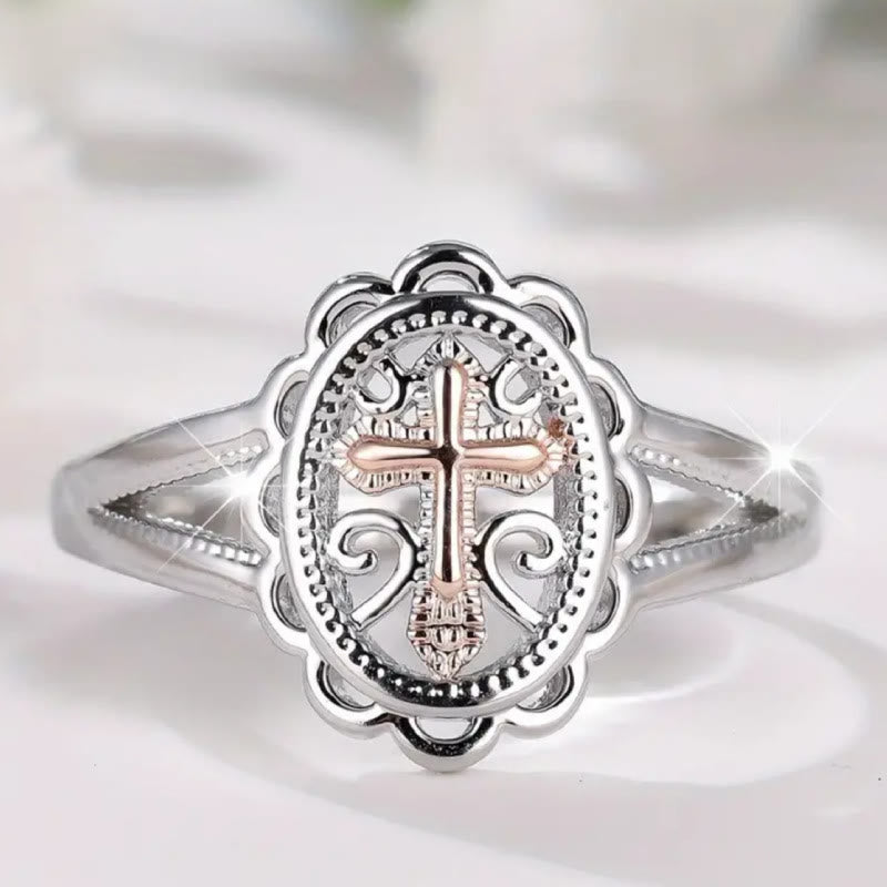 Christianartworkshop Dual - Tone Cross Ring: Silver & Rose Gold Filigree Faith Jewelry - Silver - UK Size T1/2（US 10） - image 0