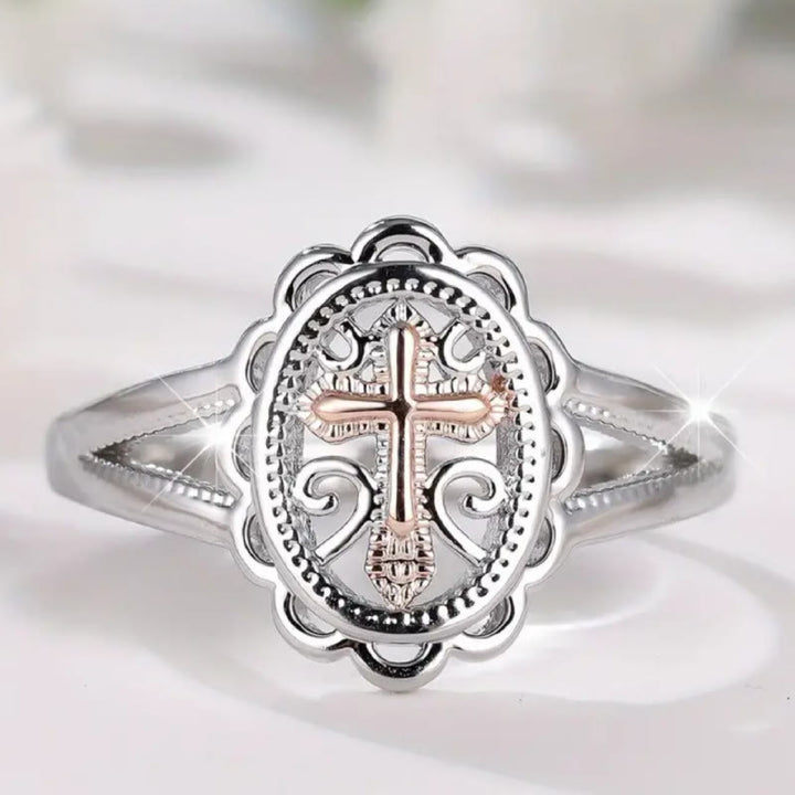 Christianartworkshop Dual - Tone Cross Ring: Silver & Rose Gold Filigree Faith Jewelry - Silver - UK Size T1/2（US 10） - image 0