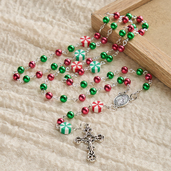Christianartworkshop Christmas Gift: Festive Christmas Rosary: Red - Green Beads, Candy Shapes & Crucifix - image 8