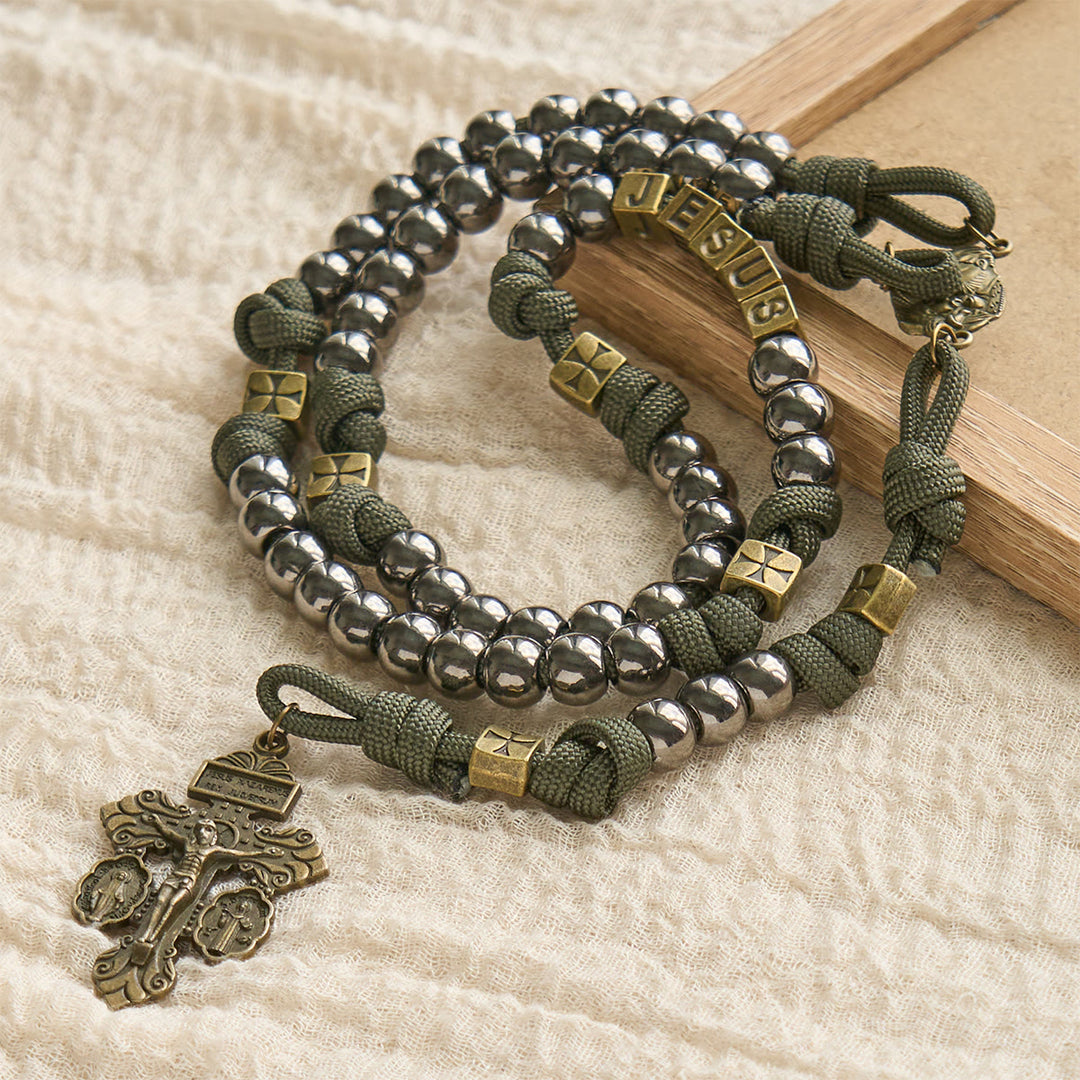 Christianartworkshop Military - Style Paracord Custom Rosary: Silver-Toned Beads & Brass JESUS - image 4