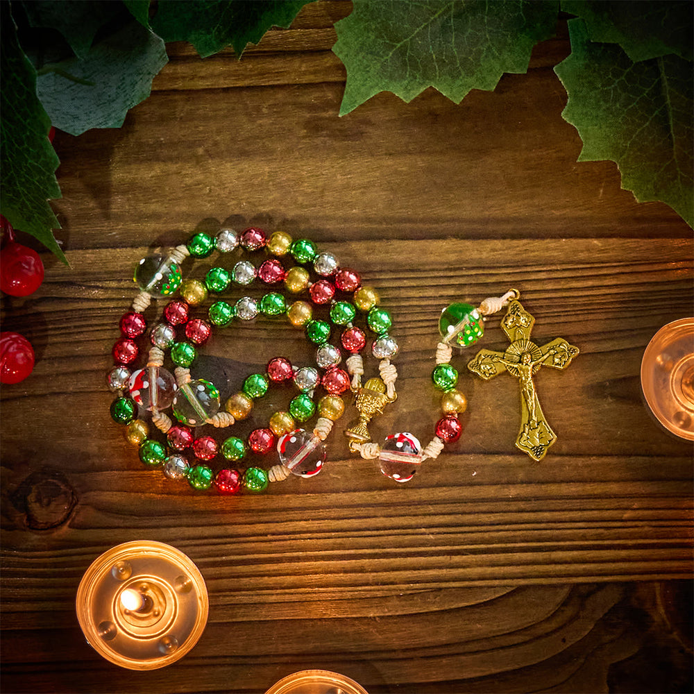 Christianartworkshop Christmas Atmosphere Rosary: Colorful Beads & Ornate Golden Crucifix - image 1