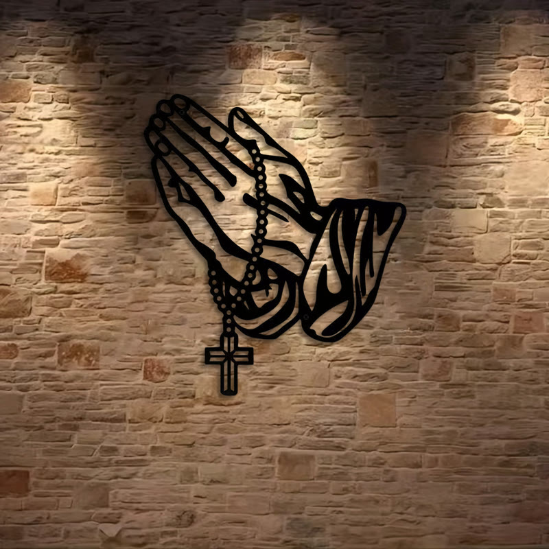 Christianartworkshop Classic Praying Hands with Rosary Cross Black Metal Wall Decor - image 2