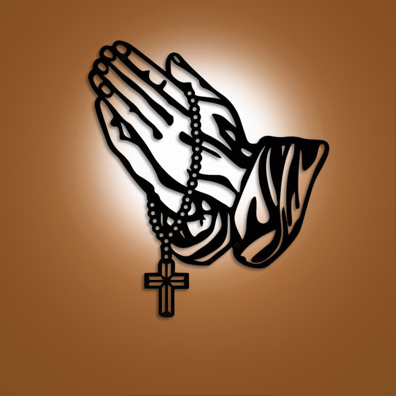 Christianartworkshop Classic Praying Hands with Rosary Cross Black Metal Wall Decor - Black - 13.65''*15.75''/34.66*40cm - image 0