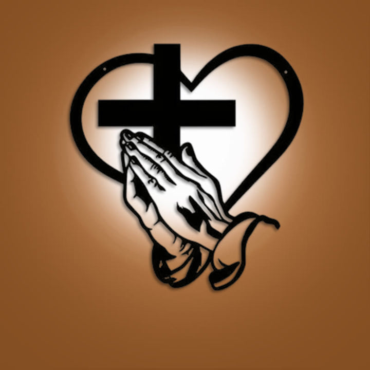 Christianartworkshop Modern Spiritual Praying Hands Heart Cross Black Metal Wall Decor - Black - 14.96''*15.75''/38*40cm - image 0