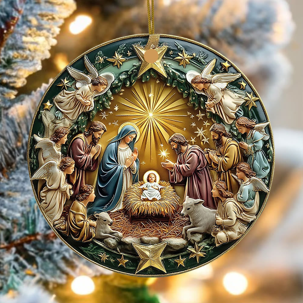 Christianartworkshop Golden Star Accented Nativity Christmas Hanging Ornaments - Ceramics - image 0