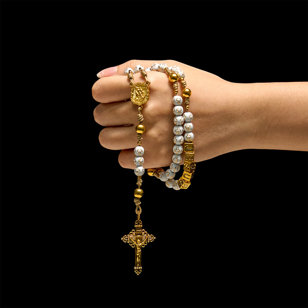 Christianartworkshop Ivory Golden Cross Beads Prayer Rosary with St. Michael & Personalized JESUS Letter - image 2