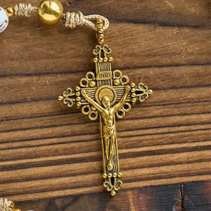 Christianartworkshop Ivory Golden Cross Beads Prayer Rosary with St. Michael & Personalized JESUS Letter - image 8