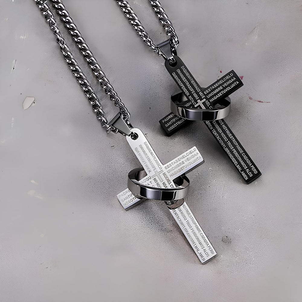 Christianartworkshop Lord's Prayer with Interlocking Ring Cross Pendant Necklace: Bold Style Sacred Meaning - Black - image 1
