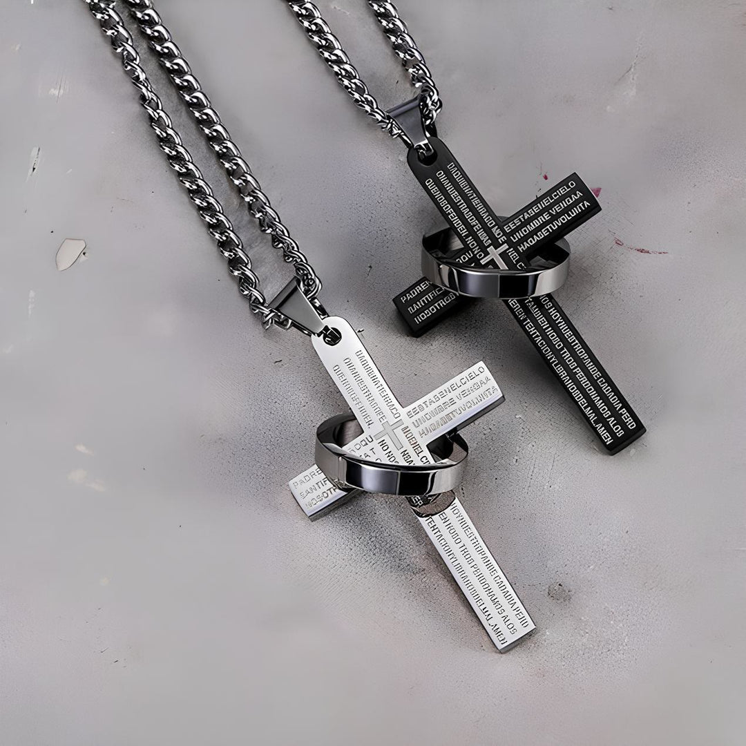 Christianartworkshop Lord's Prayer with Interlocking Ring Cross Pendant Necklace: Bold Style Sacred Meaning - Black - image 1