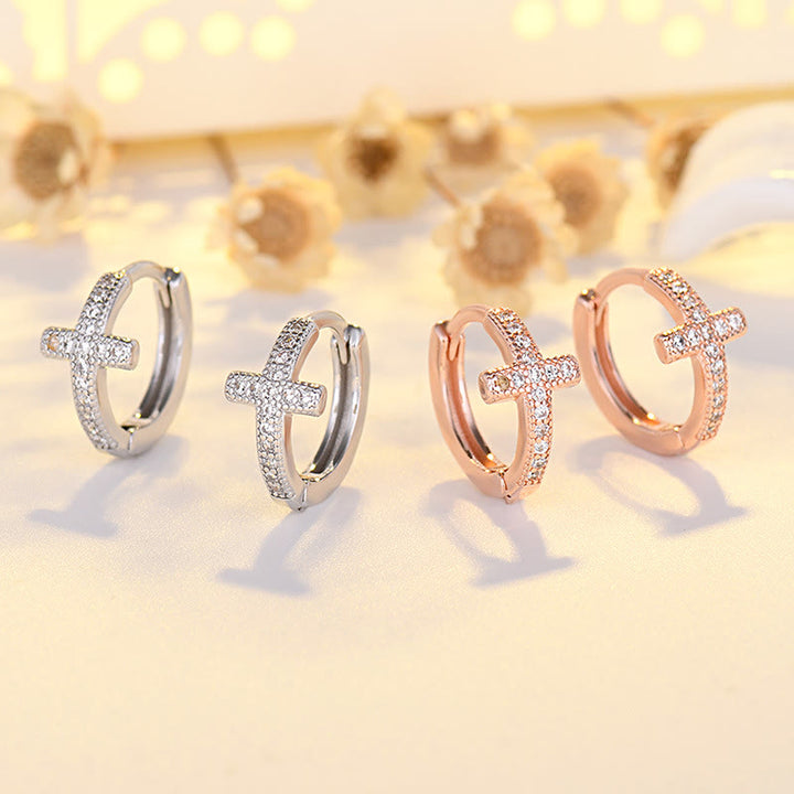 Christianartworkshop Elegant Dual-Color Cross Huggie Hoops: Timeless Beauty of Faith - Silver - image 0