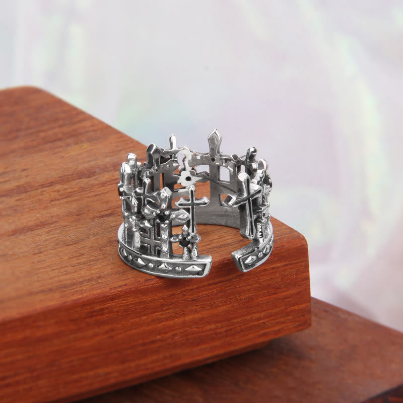 Christianartworkshop 925 Sterling Gothic Lattice Cross Crown Ring with Church Motifs - image 4