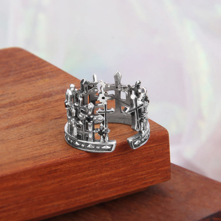 Christianartworkshop 925 Sterling Gothic Lattice Cross Crown Ring with Church Motifs - image 4