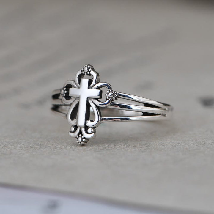Christianartworkshop Cathedral Style Sterling Ornate Cross Ring with Floral Scrolls - Silver-Plated Copper(Suitable for US sizes 7-14) - image 0