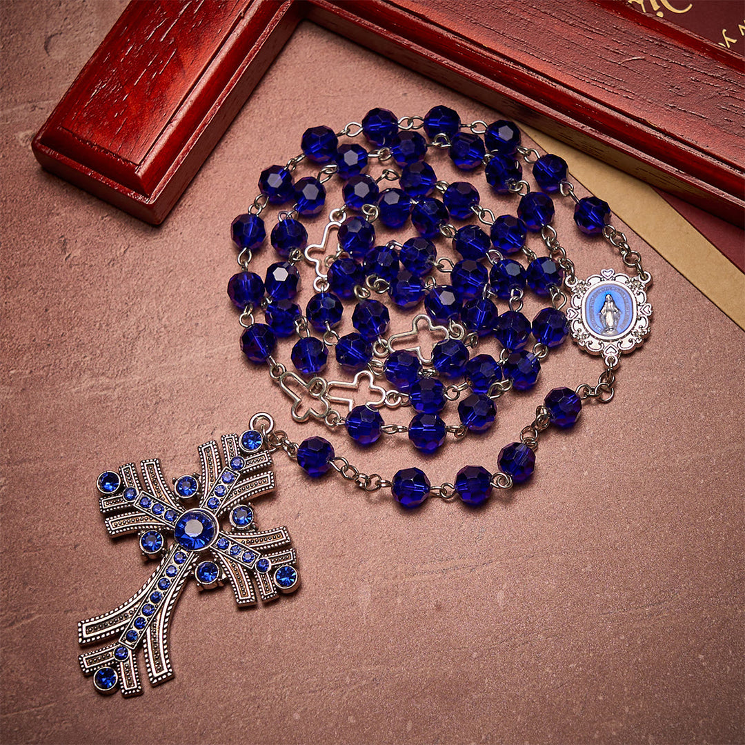 Christianartworkshop Miraculous Medal & Cross of 8 mm Polyhedron Blue Crystal Alloy Chain Rosary - image 7