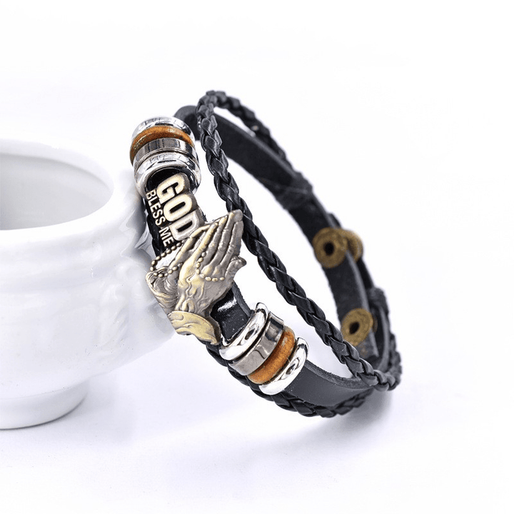 Christianartworkshop Retro - Style Praying Hands Bracelet GOD BLESS ME Black Braided Design - image 7