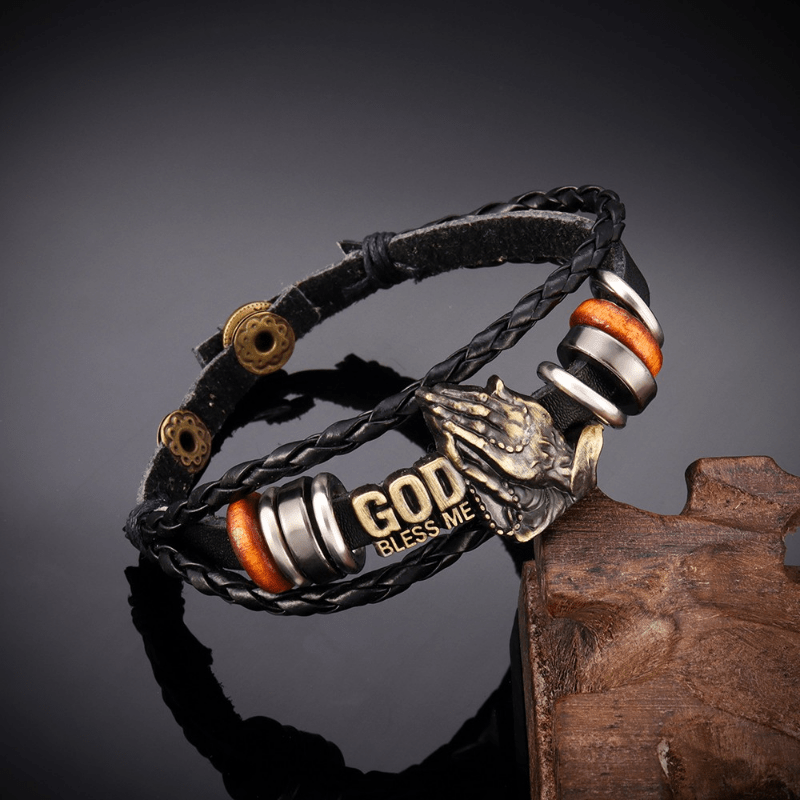 Christianartworkshop Retro - Style Praying Hands Bracelet GOD BLESS ME Black Braided Design - image 3