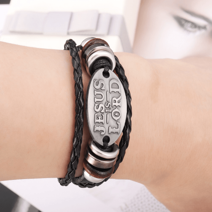 Christianartworkshop Black Braided Leather Bracelet with JESUS IS LORD Inscription - image 1