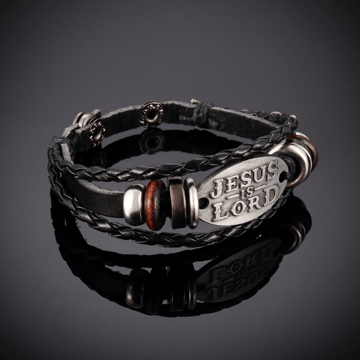 Christianartworkshop Black Braided Leather Bracelet with JESUS IS LORD Inscription - image 2