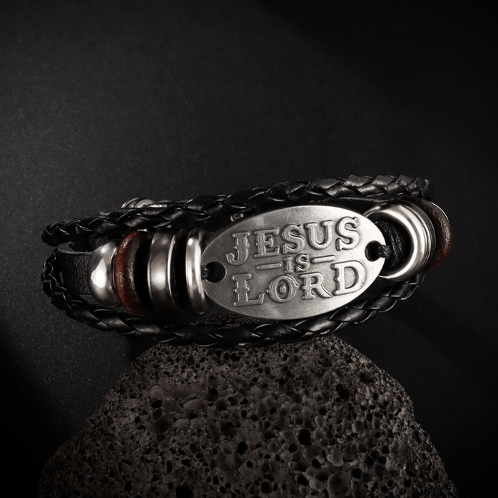 Christianartworkshop Black Braided Leather Bracelet with JESUS IS LORD Inscription - Wrist Circumference: 8.66''/22cm - image 0