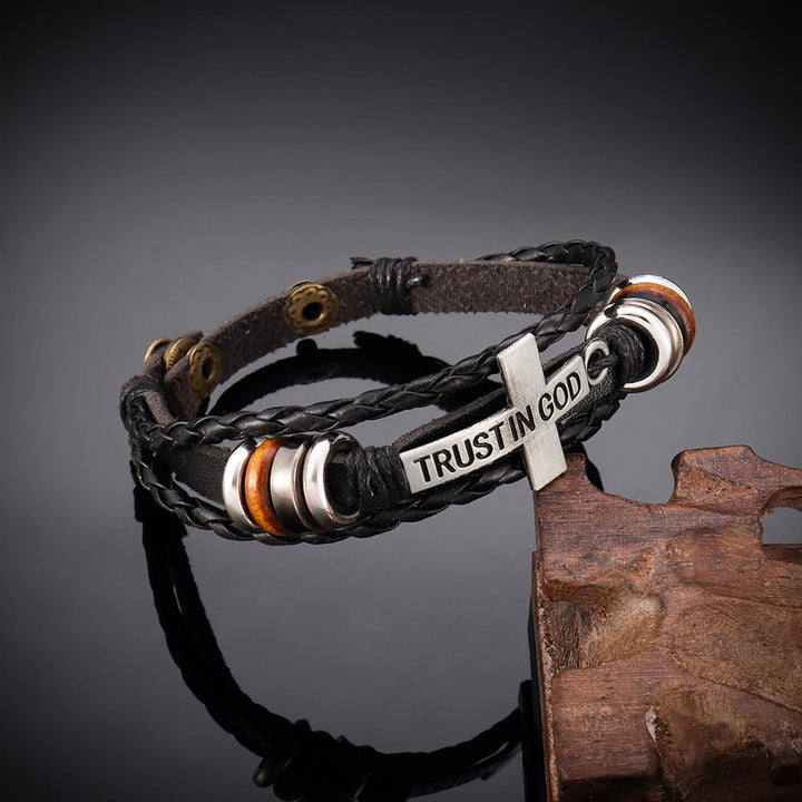 Christianartworkshop Black Braided Leather Bracelet with Cross & TRUST IN GOD Inscription - image 3
