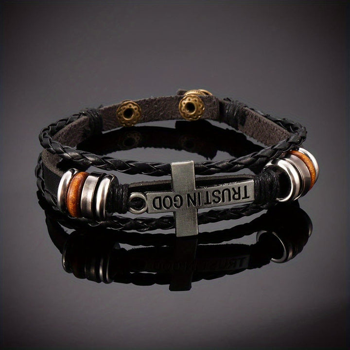 Christianartworkshop Black Braided Leather Bracelet with Cross & TRUST IN GOD Inscription - image 2