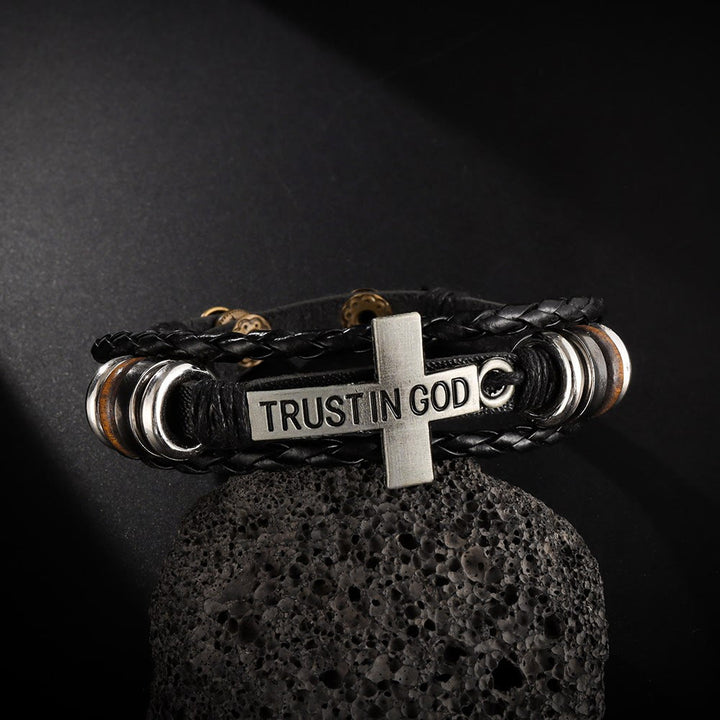 Christianartworkshop Black Braided Leather Bracelet with Cross & TRUST IN GOD Inscription - Wrist Circumference: 8.66''/22cm - image 0