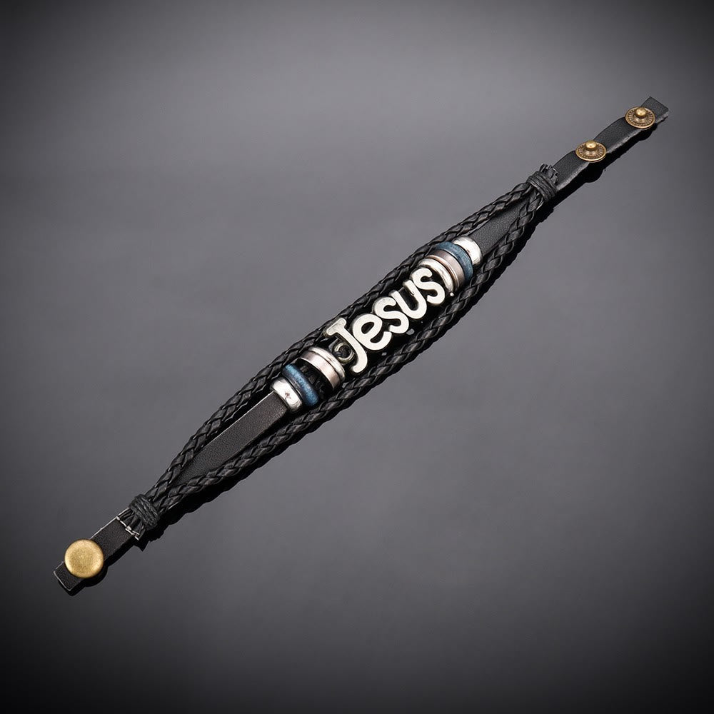 Christianartworkshop Two - Tone Jesus Charm Bracelet on Black Braided Leather - image 6