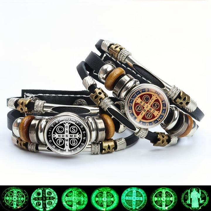 Christianartworkshop St. Benedict Collection Black Leather Cuff Bracelet with Multiple Faith Designs - St. Benedict -1 - image 0