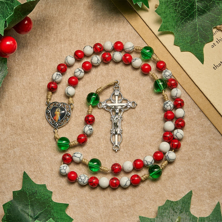 Christianartworkshop Candy-Cane Color Beads Christmas Rosary with Divine Mercy & Our Lady: Celebrate the Nativity - Christmas Rosary - image 0