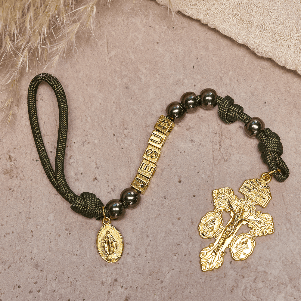Christianartworkshop Hematite-Style Beads Compact Prayer Pocket Rosary with Crucifix & Personalized JESUS Letter - image 1