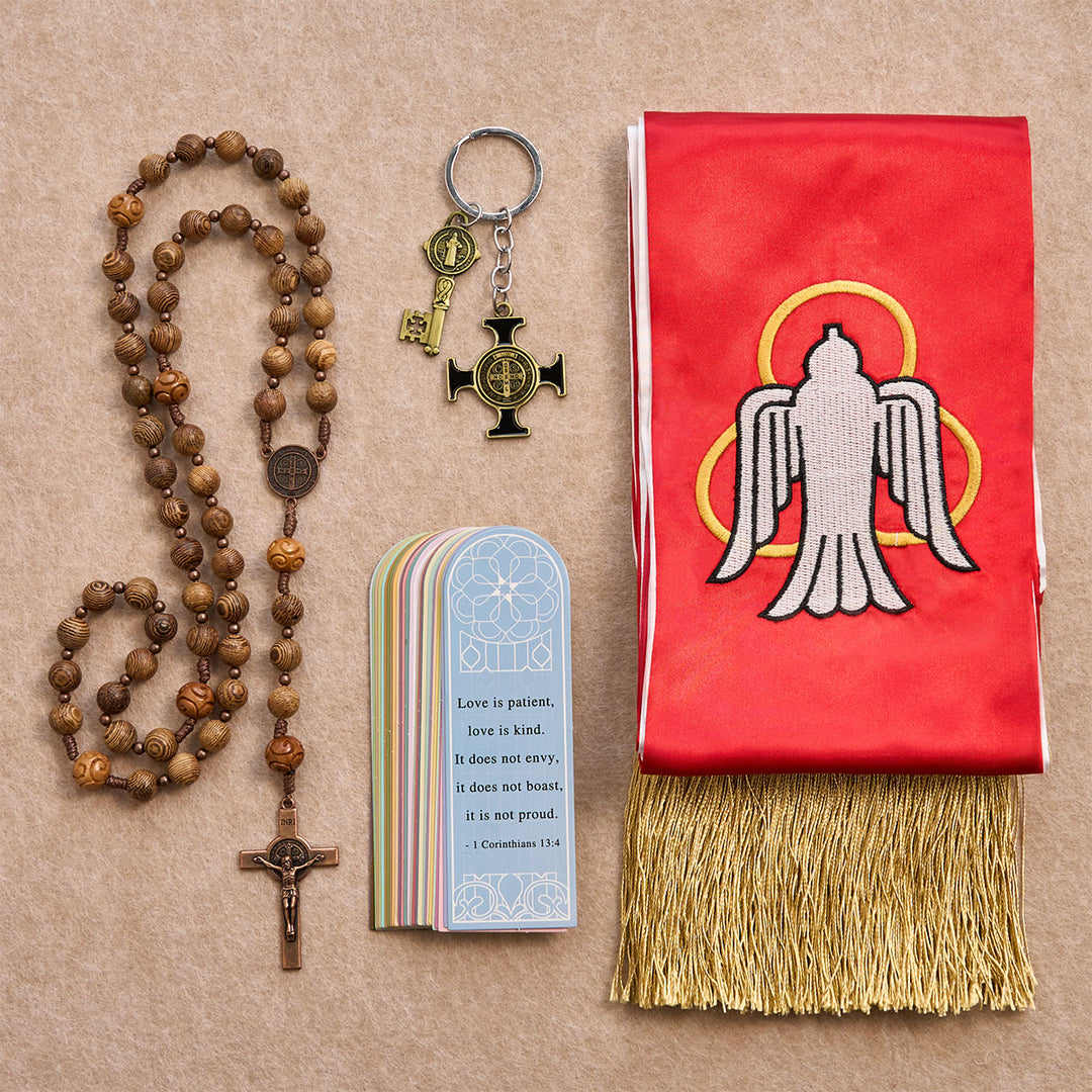 Christianartworkshop Holy Spirit Dove Red Stole Blessing Set with Wooden Rosary, Keychain & Bookmark - Miraculous Medal & Crucifix Rosary - image 0