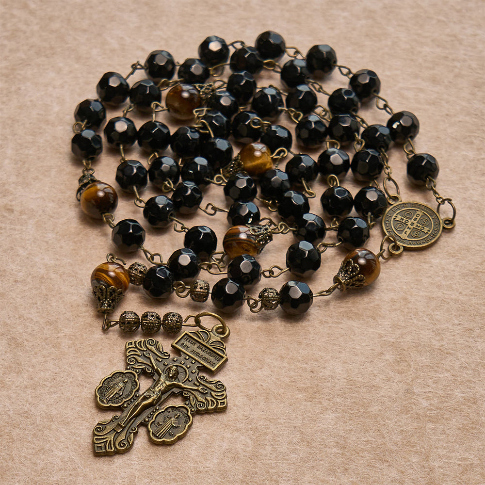 Christianartworkshop Blessing Set: Black Golden Cross Stole & Black Bead Rosary: Love Patiently - image 1