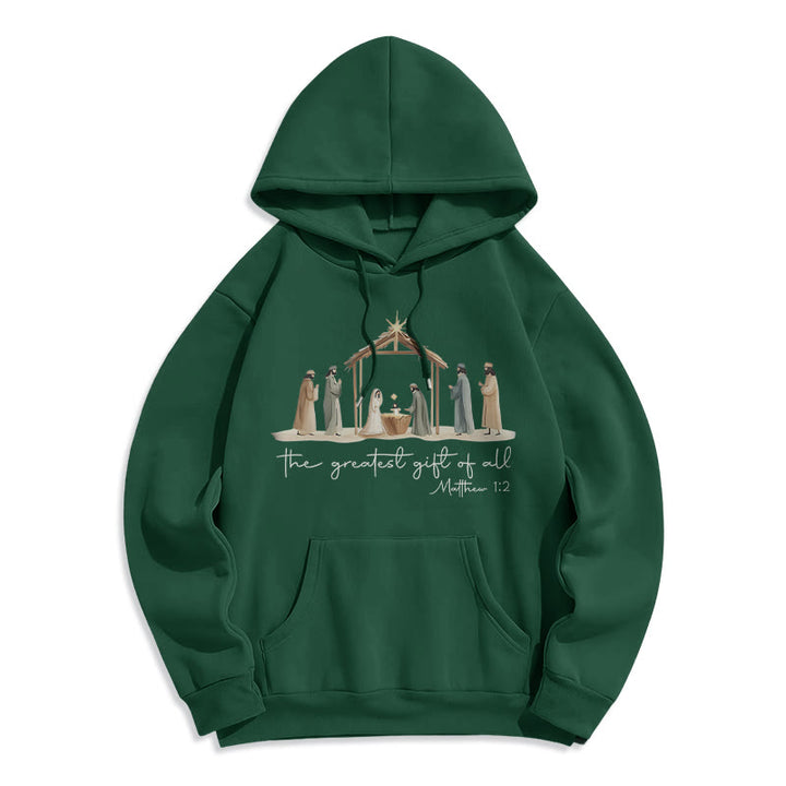 Christianartworkshop Cozy Nativity Scene Greatest Gift Scripture Fleece Lined Polyester Hoodie - Green - 2XL - image 0