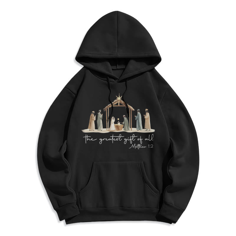 Christianartworkshop Cozy Nativity Scene Greatest Gift Scripture Fleece Lined Polyester Hoodie - Black - 2XL - image 6