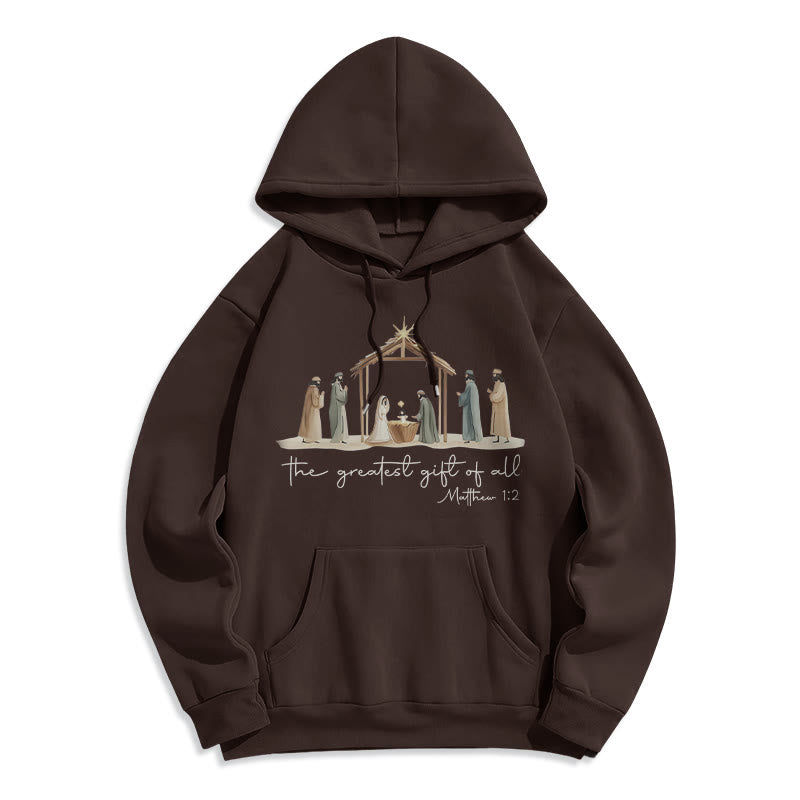 Christianartworkshop Cozy Nativity Scene Greatest Gift Scripture Fleece Lined Polyester Hoodie - Brown - 2XL - image 4