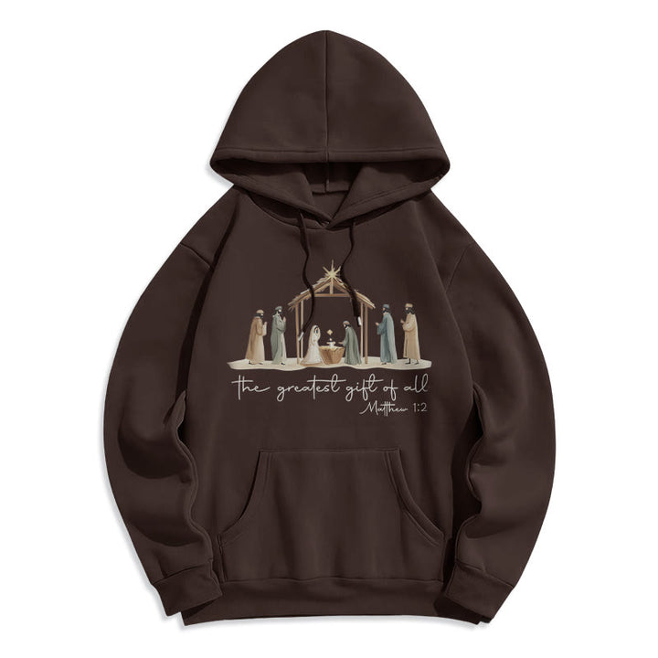 Christianartworkshop Cozy Nativity Scene Greatest Gift Scripture Fleece Lined Polyester Hoodie - Brown - 2XL - image 4