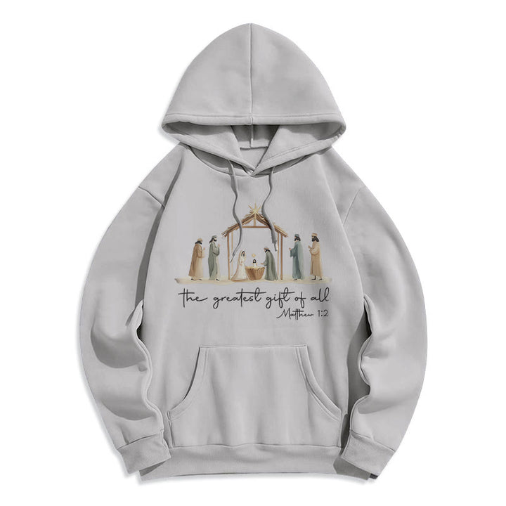 Christianartworkshop Cozy Nativity Scene Greatest Gift Scripture Fleece Lined Polyester Hoodie - Grey - 2XL - image 4